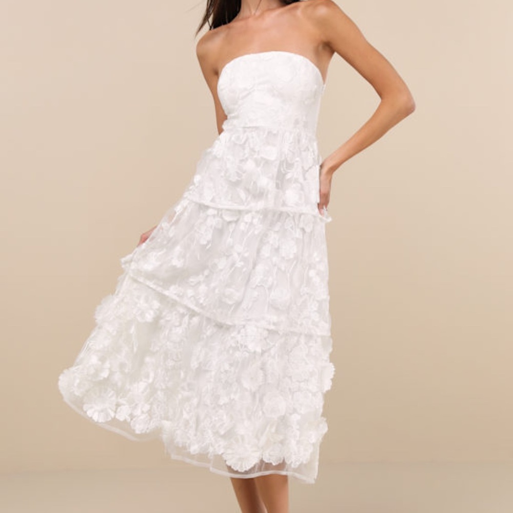 Lulus Pomina White 3d Floral Appliques Tiered Midi Dress - Size S